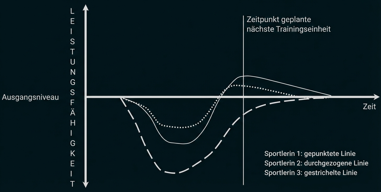 Diagramm: Leistungsfähigkeit über Zeit, drei Kurven (gepunktet, durchgezogen, gestrichelt) und markierter nächster Trainingszeitpunkt.